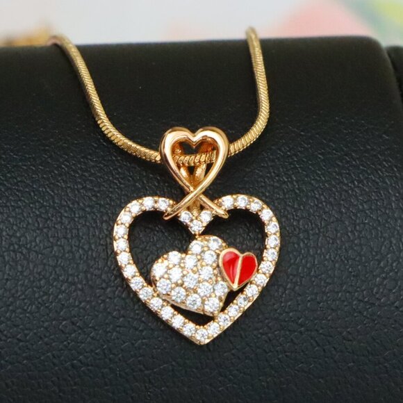 "Heart-Shaped Rose Gold Pendant with Red Accent and CZ Detailing, XPPT1518 - Picture 1 of 13